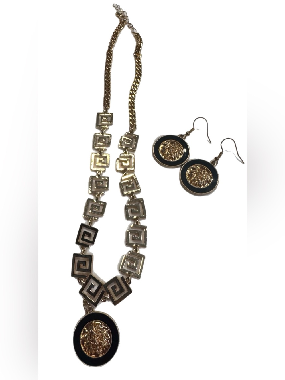 Greek Key Medallion Necklace & Earrings Set SKU 108